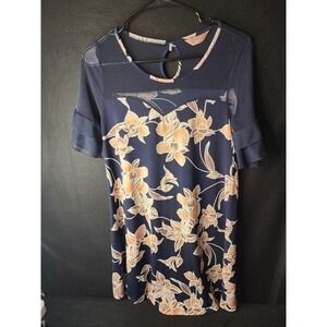 SJS Women Dress Sz Small Navy Textured Peach Floral Pattern Sheer Sleeves Bodess